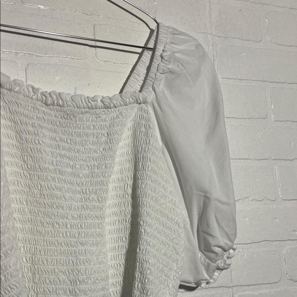 LOFT Womens White Smocked Puff Sleeve Crop Top Large - Picture 3 of 7